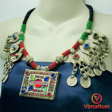 Load image into Gallery viewer, Green and Red Beaded Necklace With Vintage Coins
