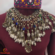Oversized Bib Tribal Necklace With Multicolor Glass Stones