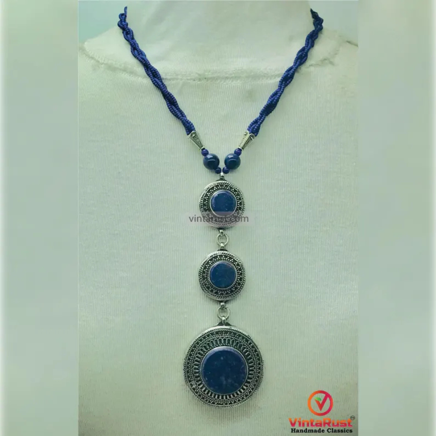 Lapis Blue Stone Silver Pendant Necklace
