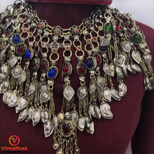 Load image into Gallery viewer, Oversized Bib Tribal Necklace With Multicolor Glass Stones
