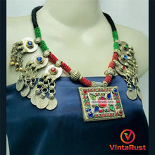 Load image into Gallery viewer, Green and Red Beaded Necklace With Vintage Coins
