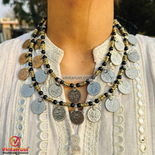 Load image into Gallery viewer, Vintage Coin Necklace Black Beaded Chain Tribal Gypsy Jewelry
