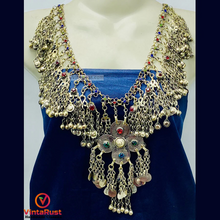 Load image into Gallery viewer, Tribal Silver Bib Necklace With Glass Stones

