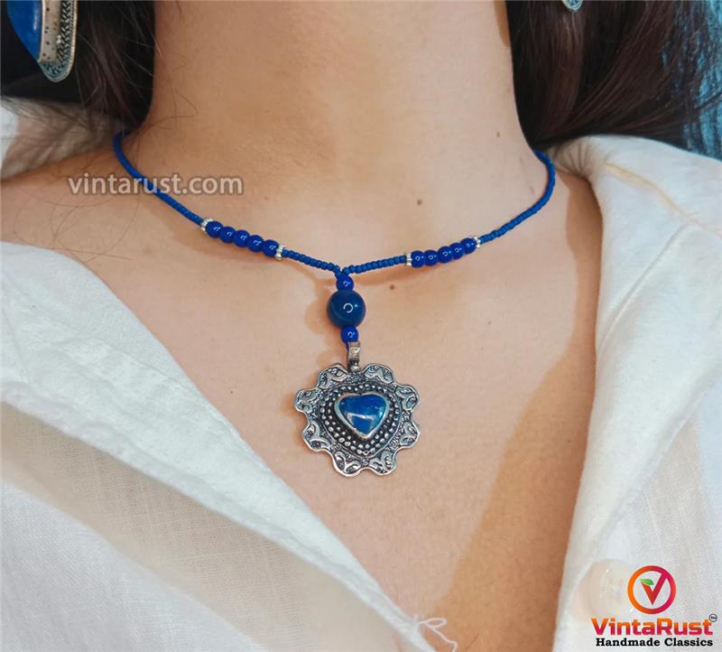 Lapis Beaded Necklace with Silver Heart Pendant