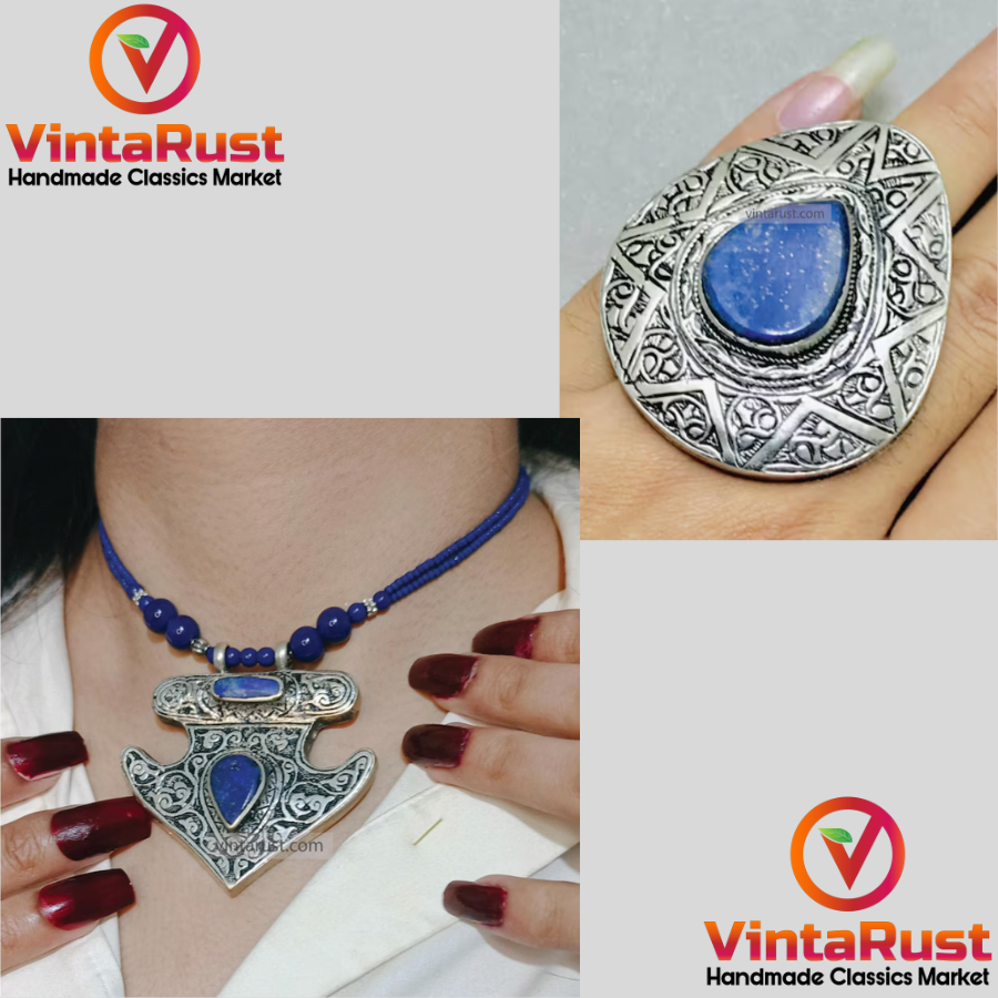 Handmade Lapis Lazuli Necklace with Silver Blue Stone Ring