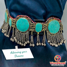 Load image into Gallery viewer, Vintage Kuchi Green Stones Belt With Silver Bells
