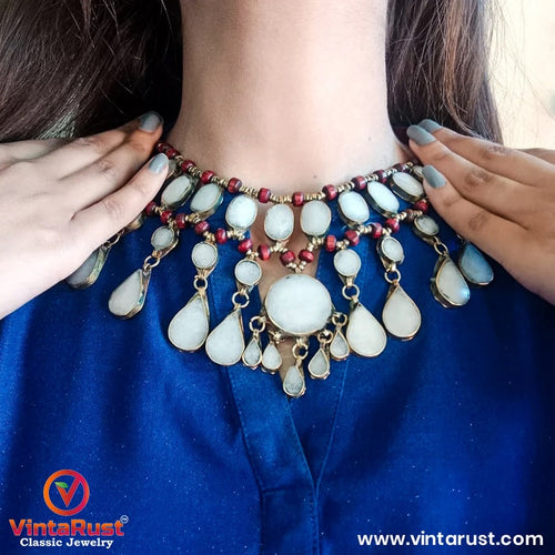 Vintage Tribal White Stone Bib Necklace