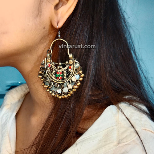 Antique Ethnic Hoop Earrings With Bells