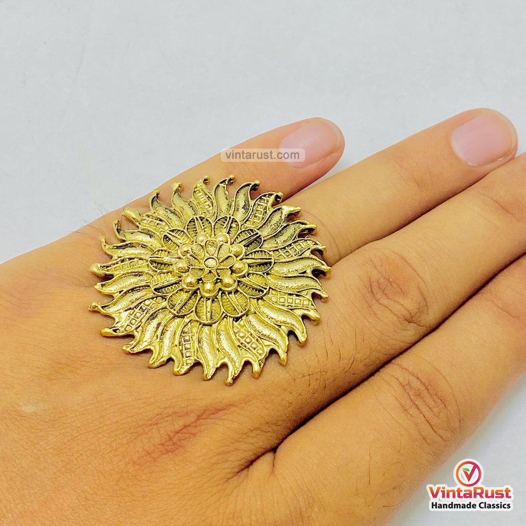 Antique Gold Tone Sunflower Ring