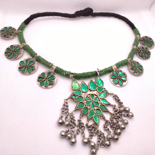 Antique Green Or Red Stones Kuchi Necklace