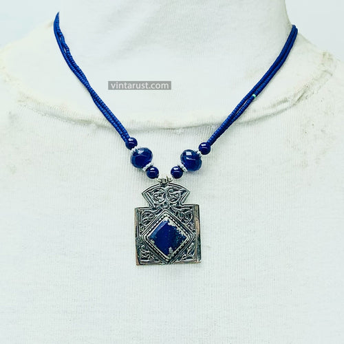 Antique Lapis Lazuli Stone Necklace Beaded Chain