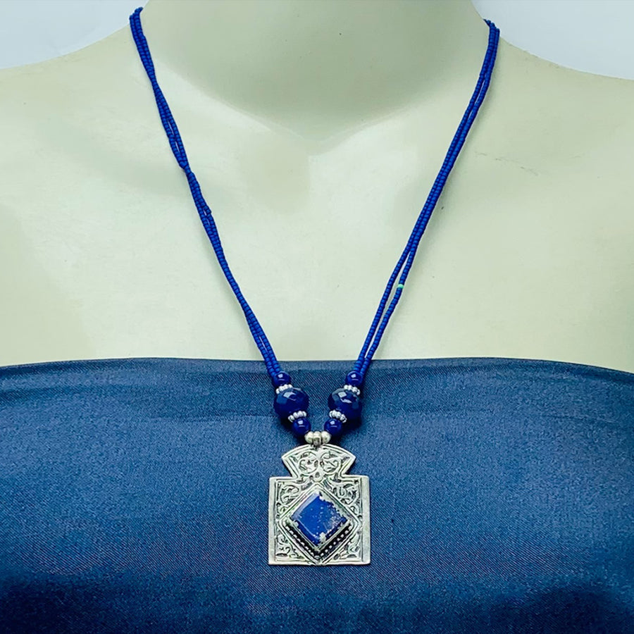 Antique Lapis Lazuli Stone Necklace Beaded Chain