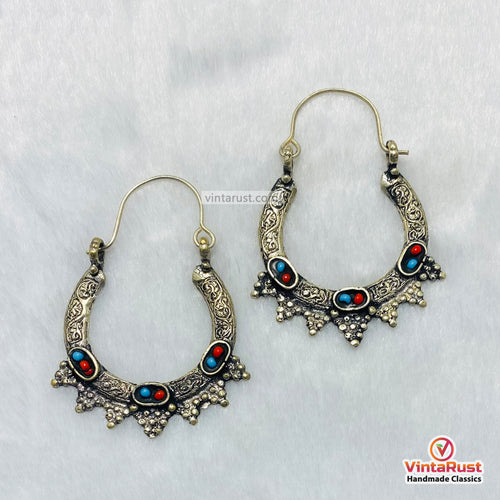 Antique Silver Boho Hoop Statement Earrings