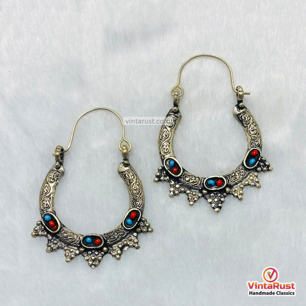Antique Silver Boho Hoop Statement Earrings