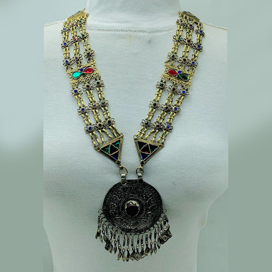 Antique Tribal Big Pendant Necklace With Tassels