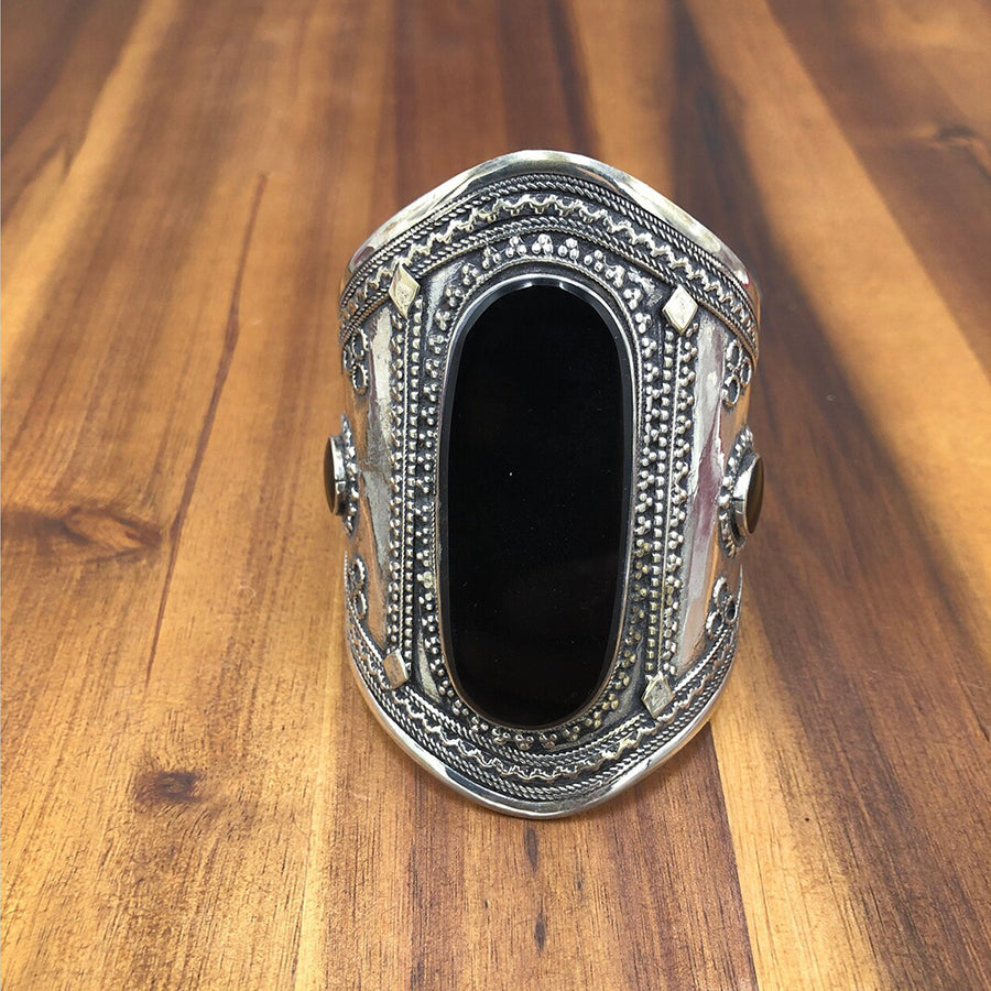 Antique Tribal Silver Black Stone Cuff Bracelet