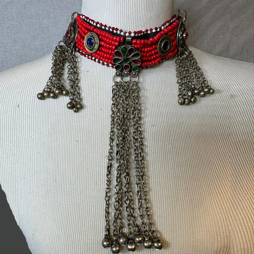 Beaded Handmade Choker Necklace With Long Dangling Bells