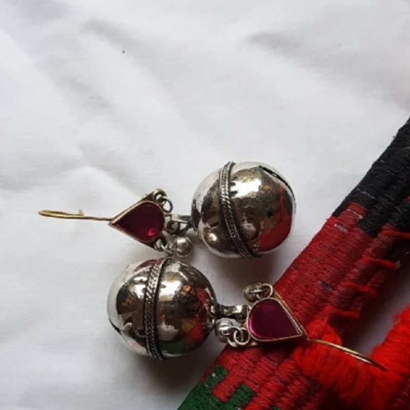 Big bell Earring With Pink Glass Stone