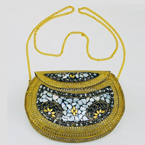 Black and Golden Bag With Golden Long Chain