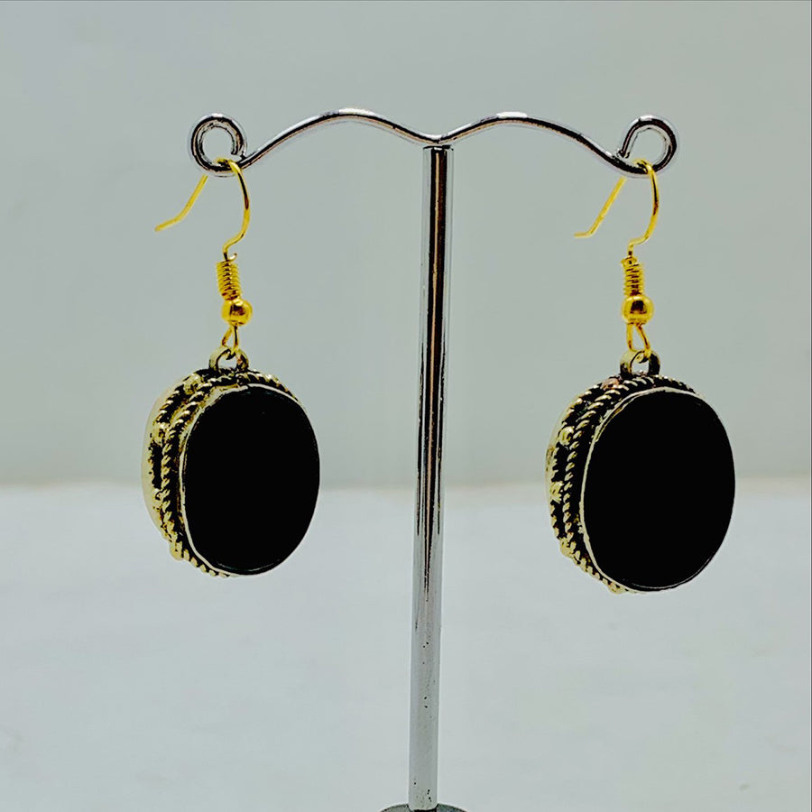 Black Stone Oval Shape Drop Dangle Hook Earrings