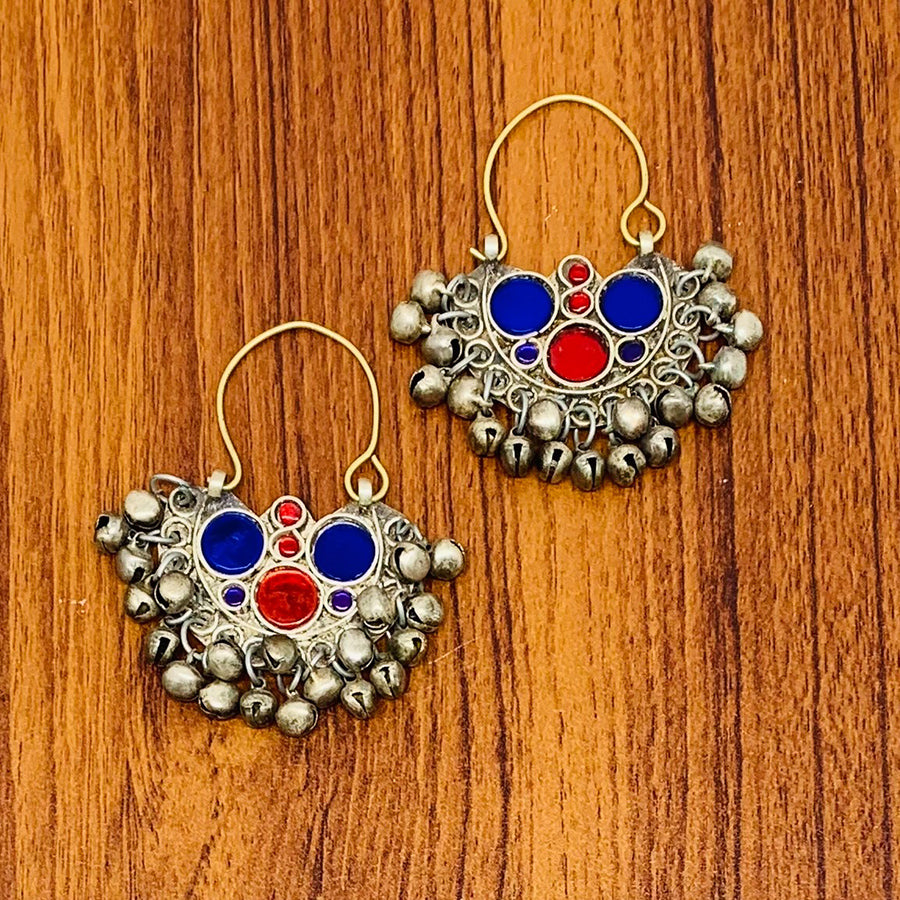 Blue and Red Glass Stone Hoop Earrings