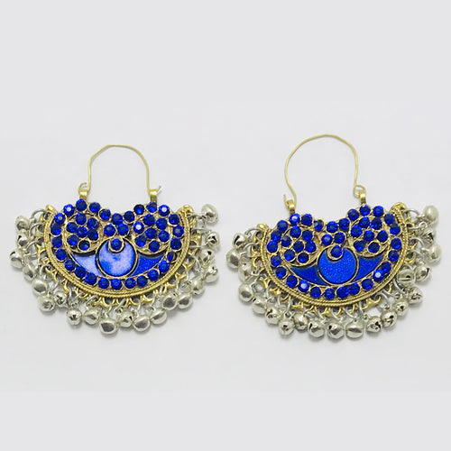 Blue Glass Stones Silver Boho Chandbali Earrings