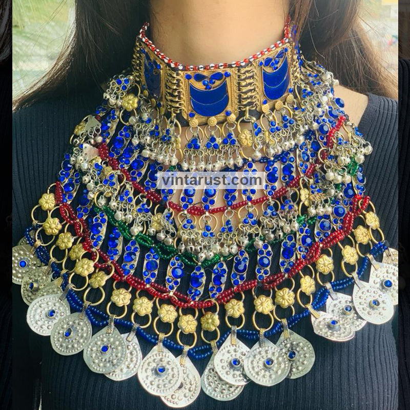 Blue Handmade Multilayered Silver Bib Necklace