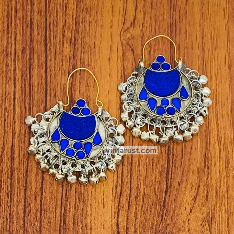 Blue Kuchi Hoop Earrings With Small Silver Bells