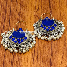 Load image into Gallery viewer, Blue Kuchi Hoop Earrings With Small Silver Bells
