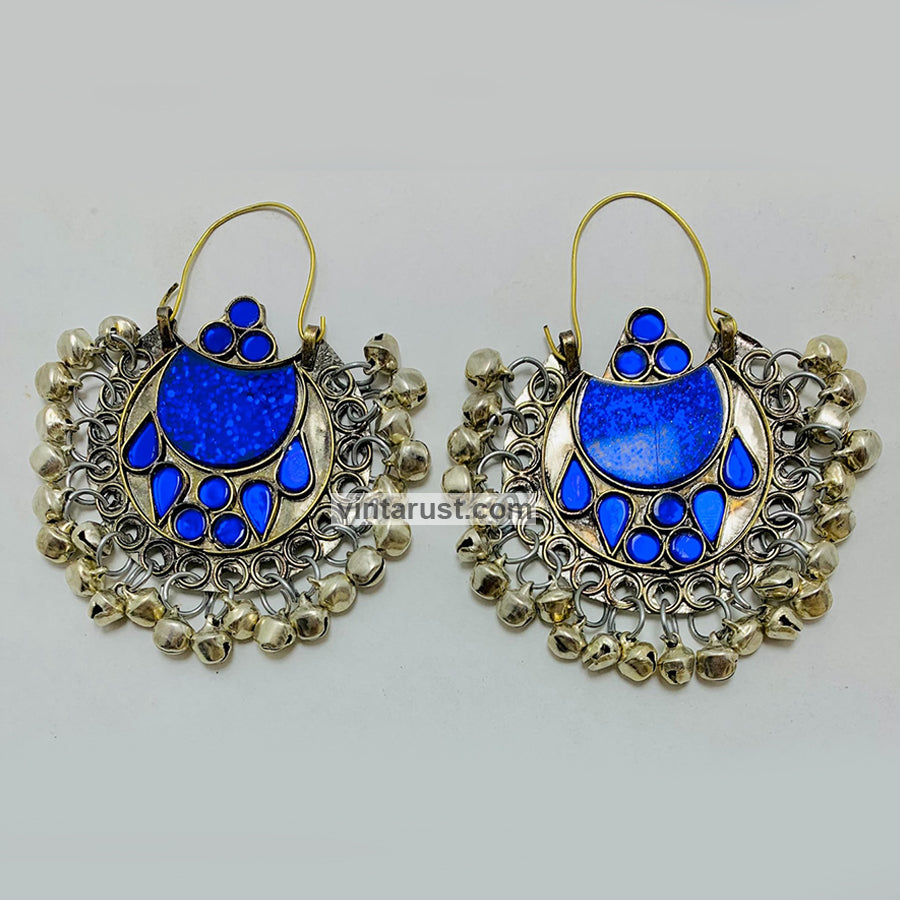 Blue Kuchi Hoop Earrings With Small Silver Bells