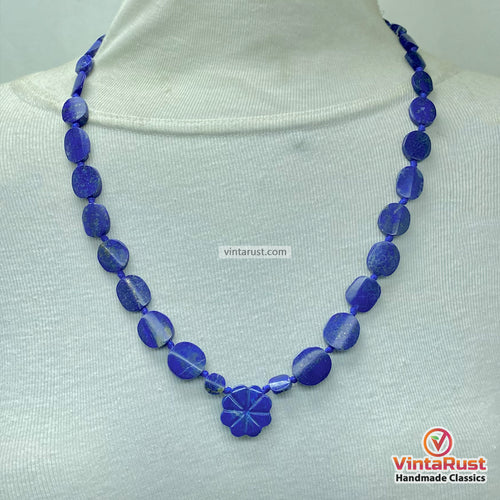Blue Lapis Lazuli Necklace with Flower Pendant