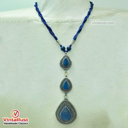 Bohemian Lapis Lazuli Stone Teardrop Pendant Necklace