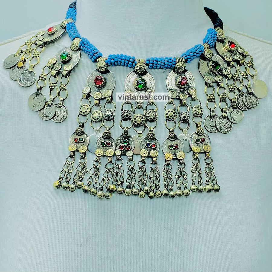 Bohemian Necklace With Coins and Glass Stones
