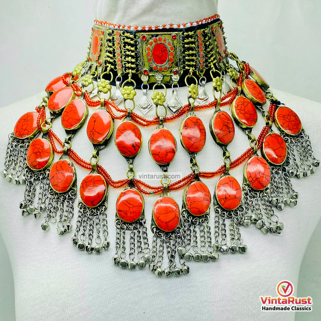 Bohemian Red Coral Stone Choker Necklace