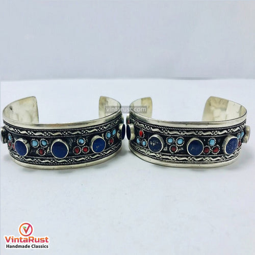 Boho Lapis Stone Cuff Bracelet With Turquoise and Coral