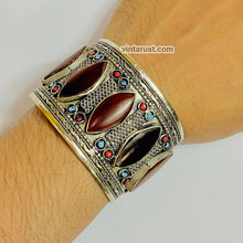 Load image into Gallery viewer, Tribal Stone Handcuff With Turquoise and Coral Beads
