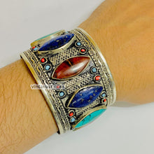 Load image into Gallery viewer, Boho Stone Handcuff With Turquoise and Coral Beads
