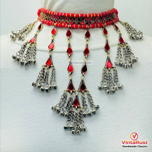 Boho Tribal Red Glass Stones Choker Necklace