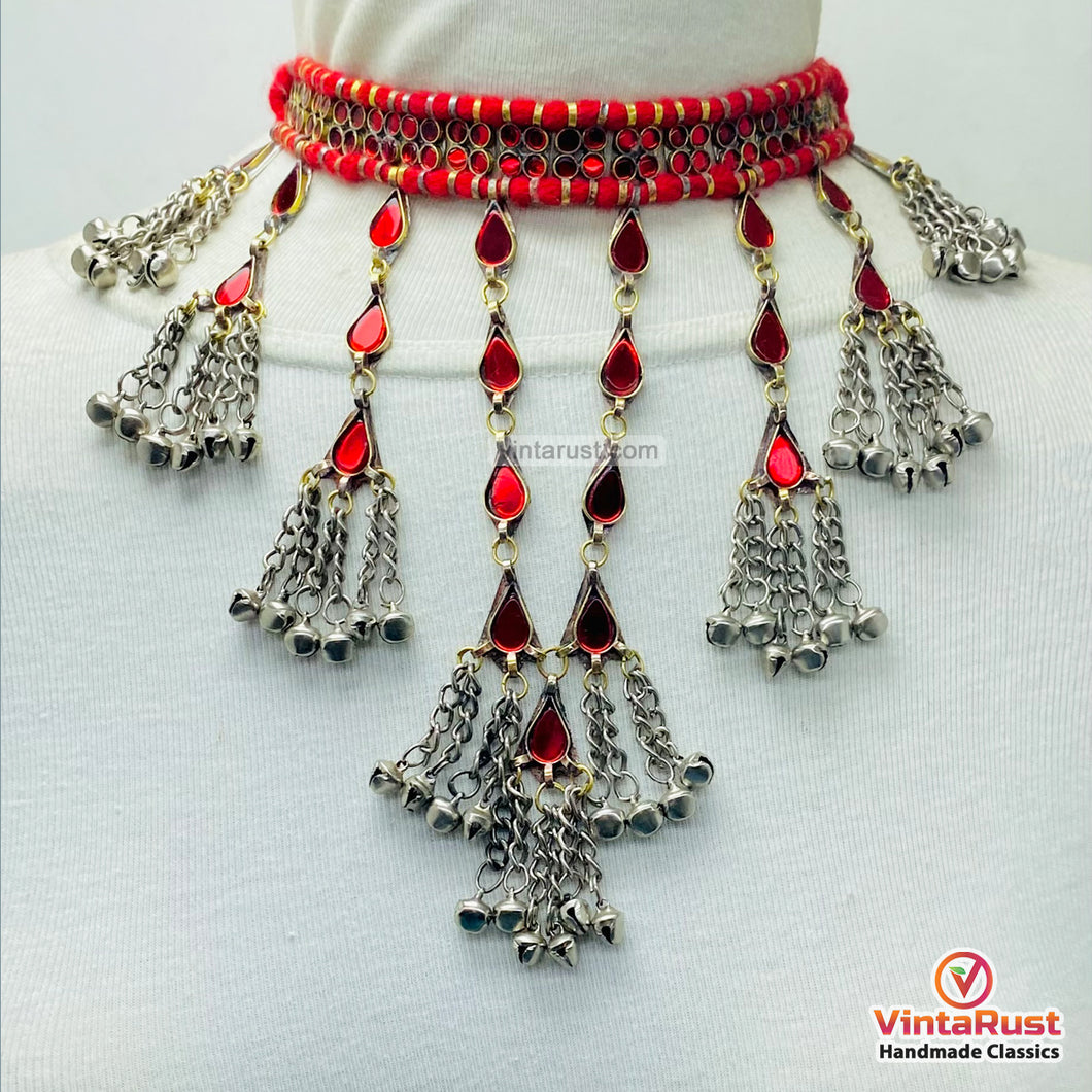Boho Tribal Red Glass Stones Choker Necklace