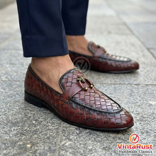 Load image into Gallery viewer, Brown Leather Woven Loafers for Men
