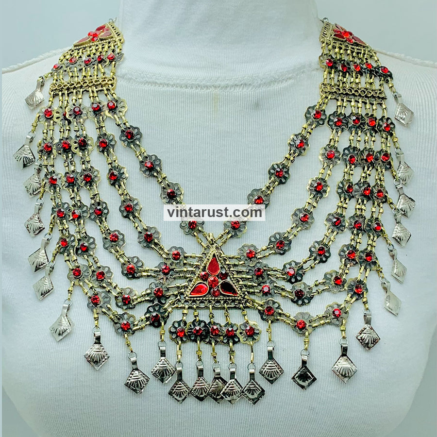 Charming Vintage Red Glass Stones Bib Necklace