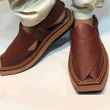 Load image into Gallery viewer, Dark Brown Dotted Leather Peshawari Chappal
