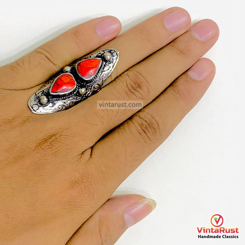 Ethnic Handmade Dual Red Stone Ring
