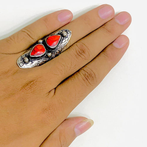 Ethnic Handmade Dual Red Stone Ring