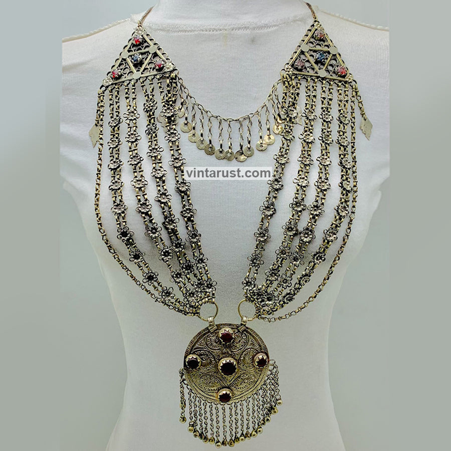Ethnic Silver Kuchi Multilayer Necklace With Big Pendant