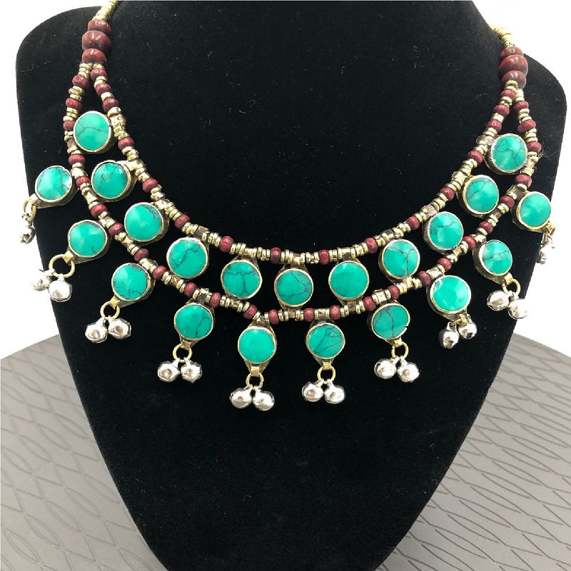 Ethnic Stone Necklace With Dangling Bells