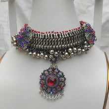 Load image into Gallery viewer, Ethnic Tribal Choker Necklace With Silver Bells And Multicolor Glass Stones
