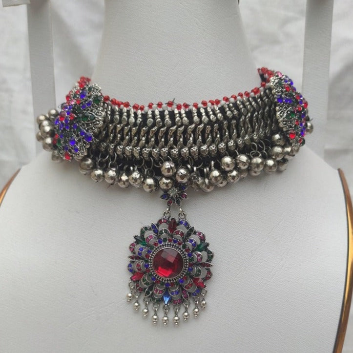 Ethnic Tribal Choker Necklace With Silver Bells And Multicolor Glass Stones