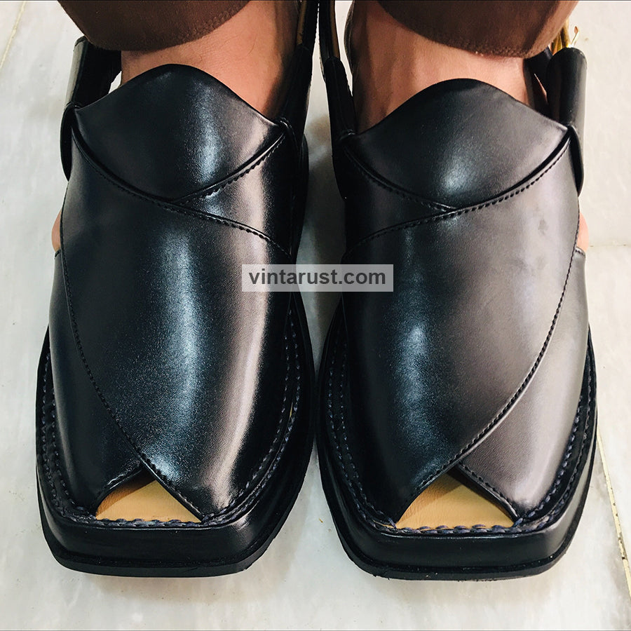 Genuine Leather Shiny Black Peshawari Chappal