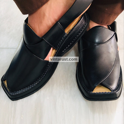 Genuine Leather Shiny Black Peshawari Chappal